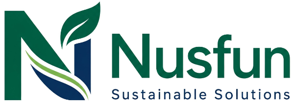 Nusfun Sustainable Solutions logo with a green 'N' and leaf design on a white background